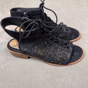 Sofft Nora Leather Suede Black Laser Cut Lace Up Sandals Shoes Womens 9